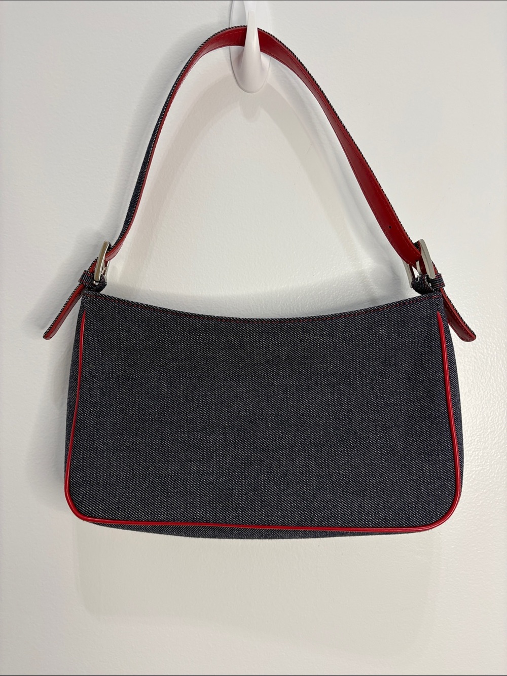 Loft Chic Dark Wash Denim Small Shoulder Bag with Red Trim and Handle Silver Zip
